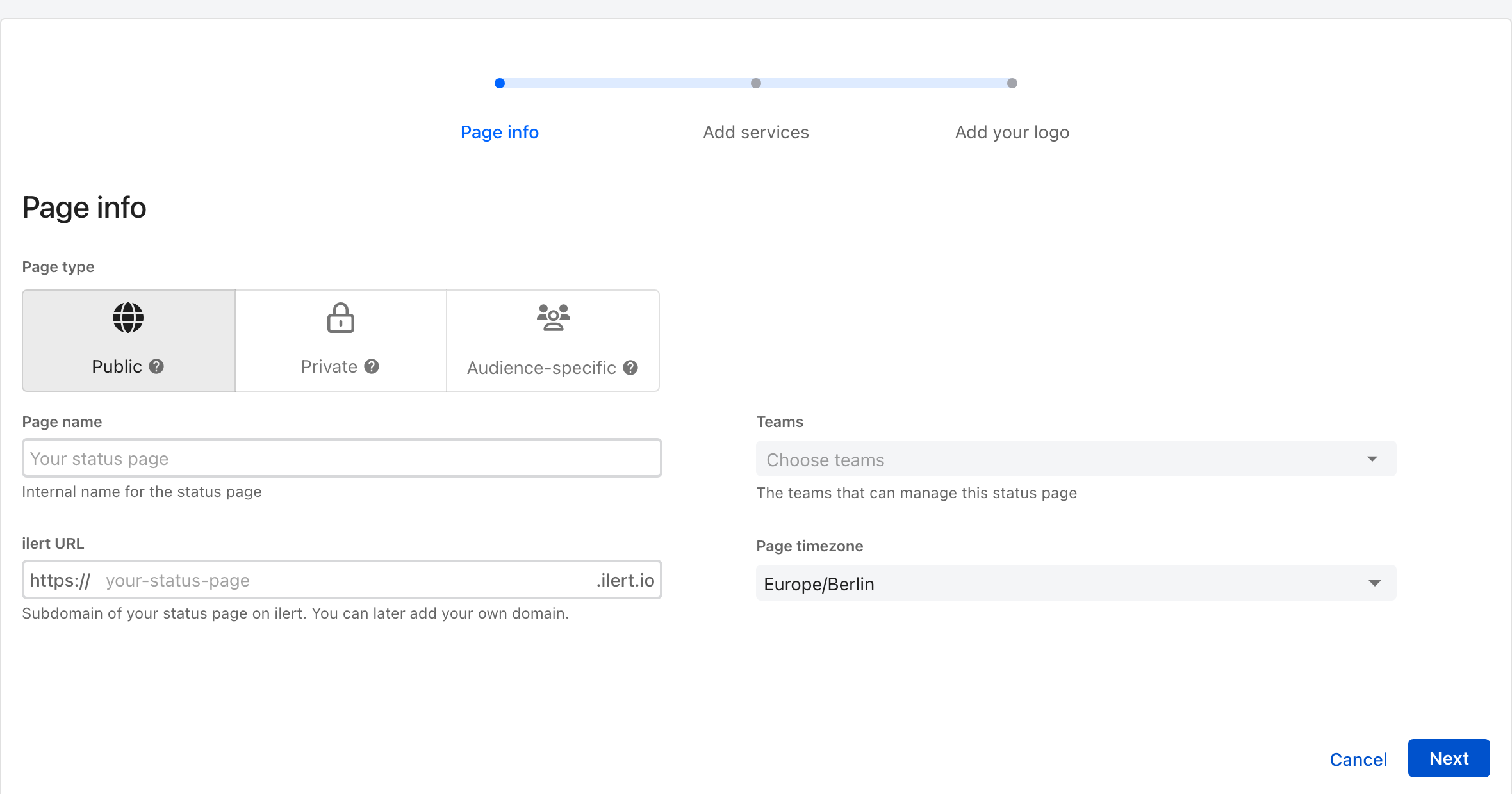 Step one of the ilert Create status page wizard, with a page type choice of Public, Private or Audience-specific, a page name, an ilert URL ending in .ilert.io, teams, and a page timezone, beside a live preview of the page.