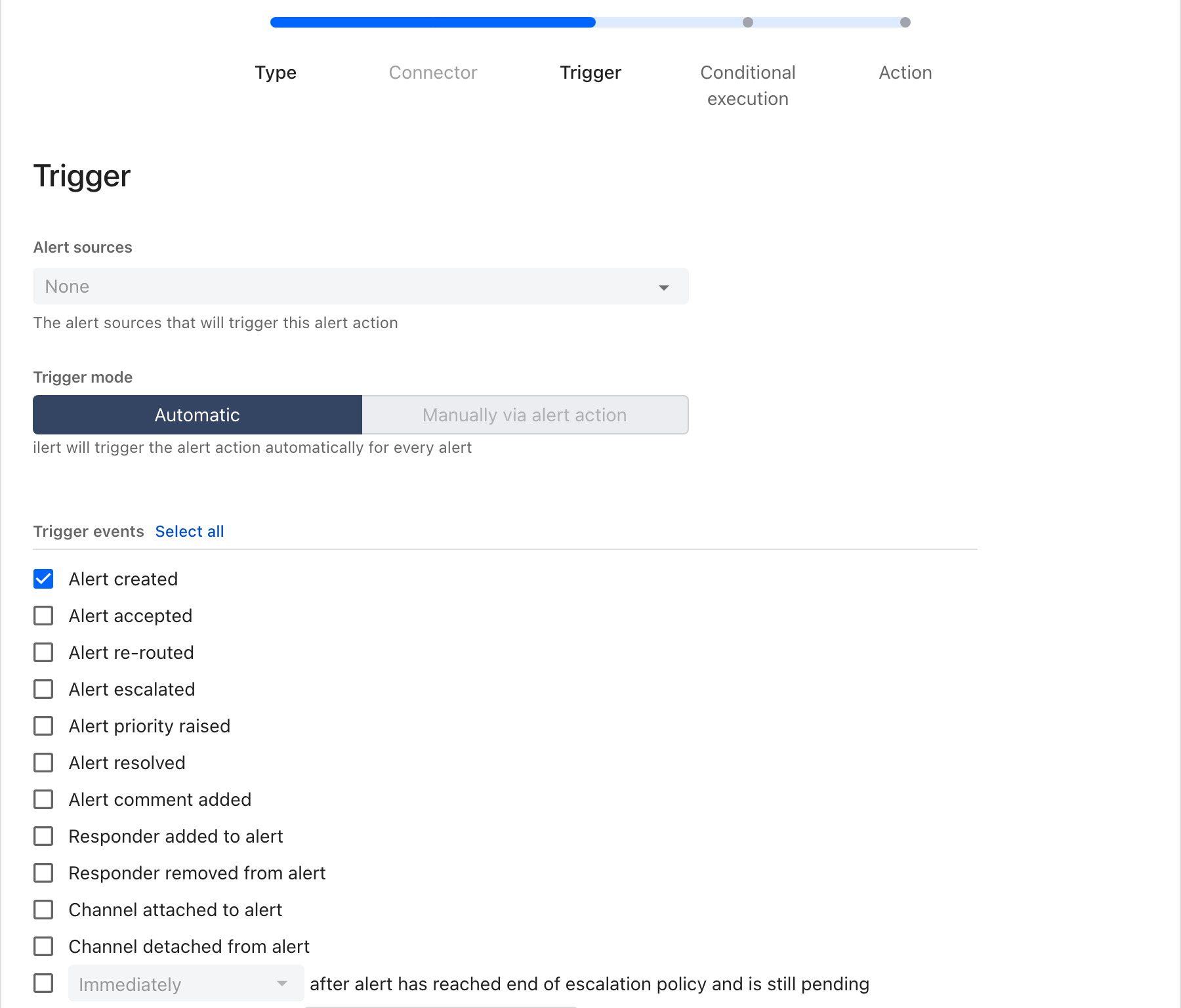 The Trigger step, with an Alert sources field, a Trigger mode toggle set to Automatic, and the list of trigger events with only Alert created ticked.