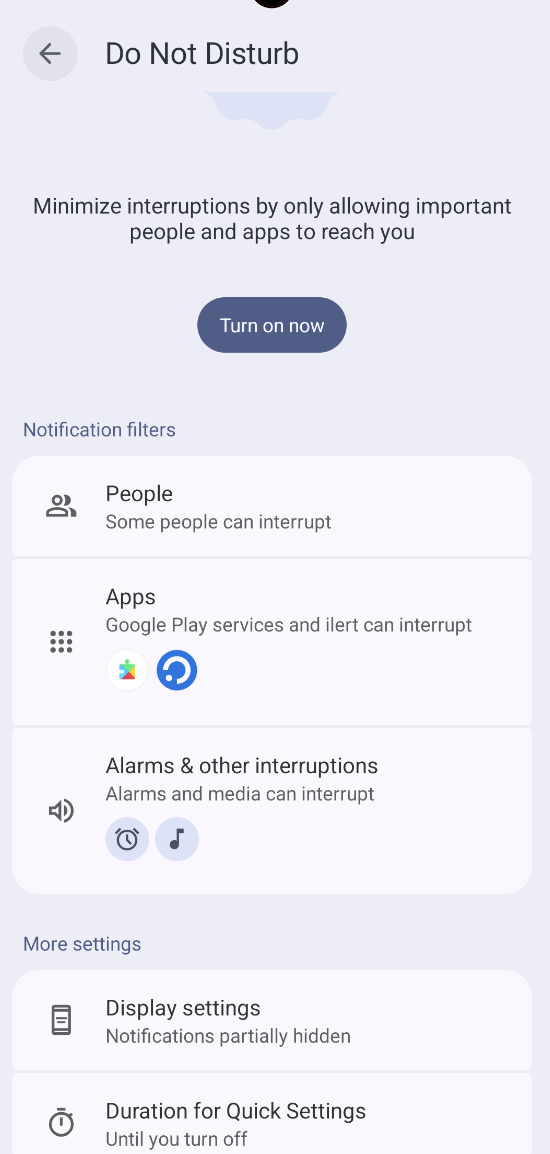Android Do Not Disturb settings, showing alarms allowed to interrupt and ilert in the allowed apps