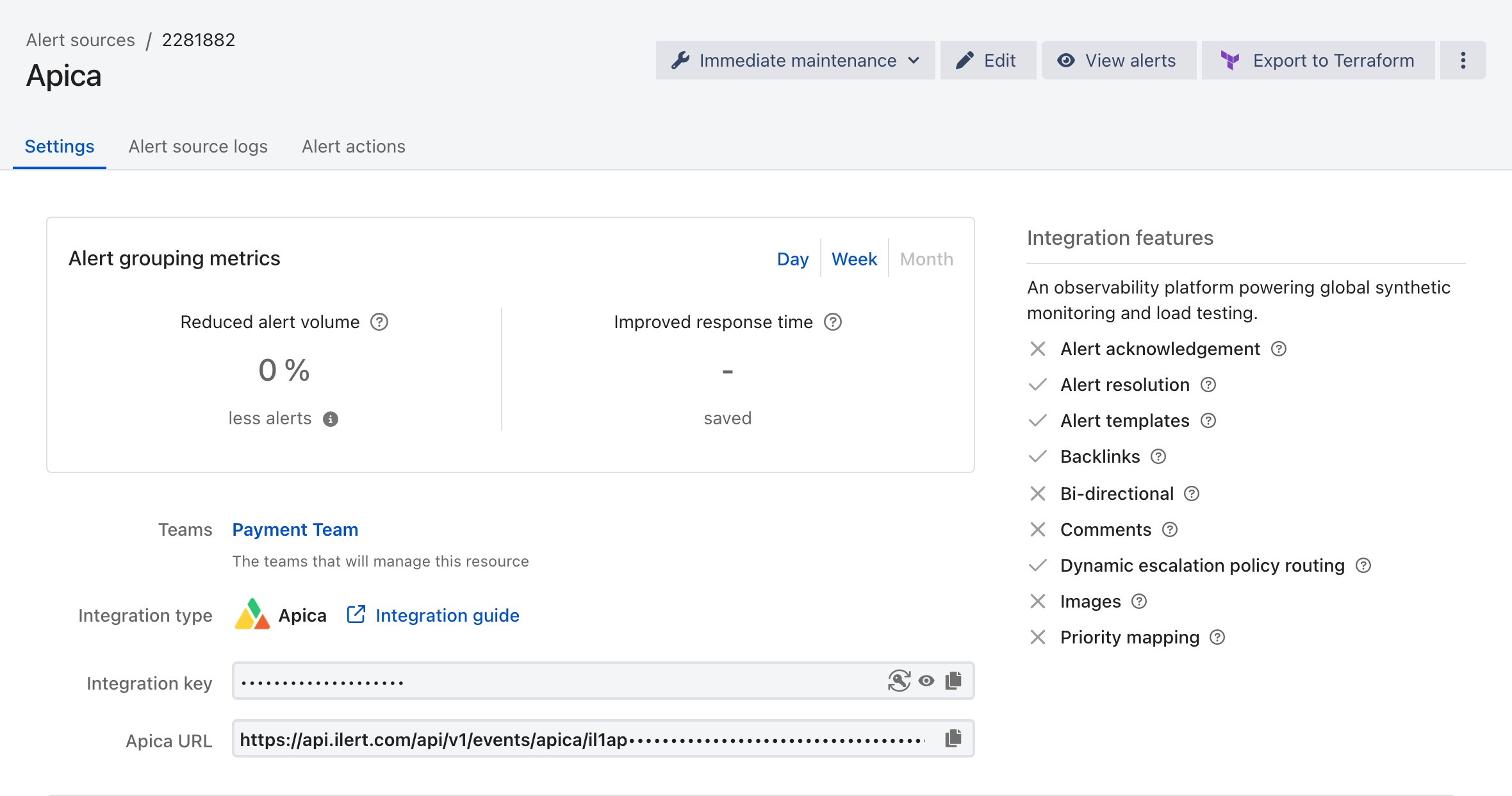 The Settings tab of a Apica alert source in ilert, showing the integration type, the masked integration key, and the Apica URL.