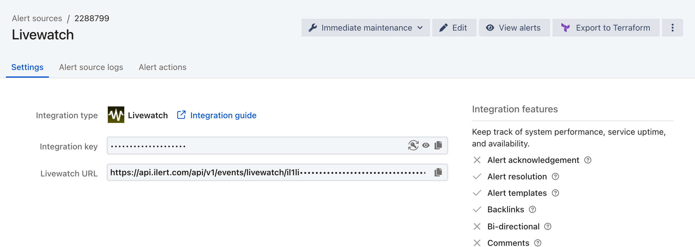 The Settings tab of a Livewatch alert source in ilert, showing the integration type, the masked integration key, and the Livewatch URL.