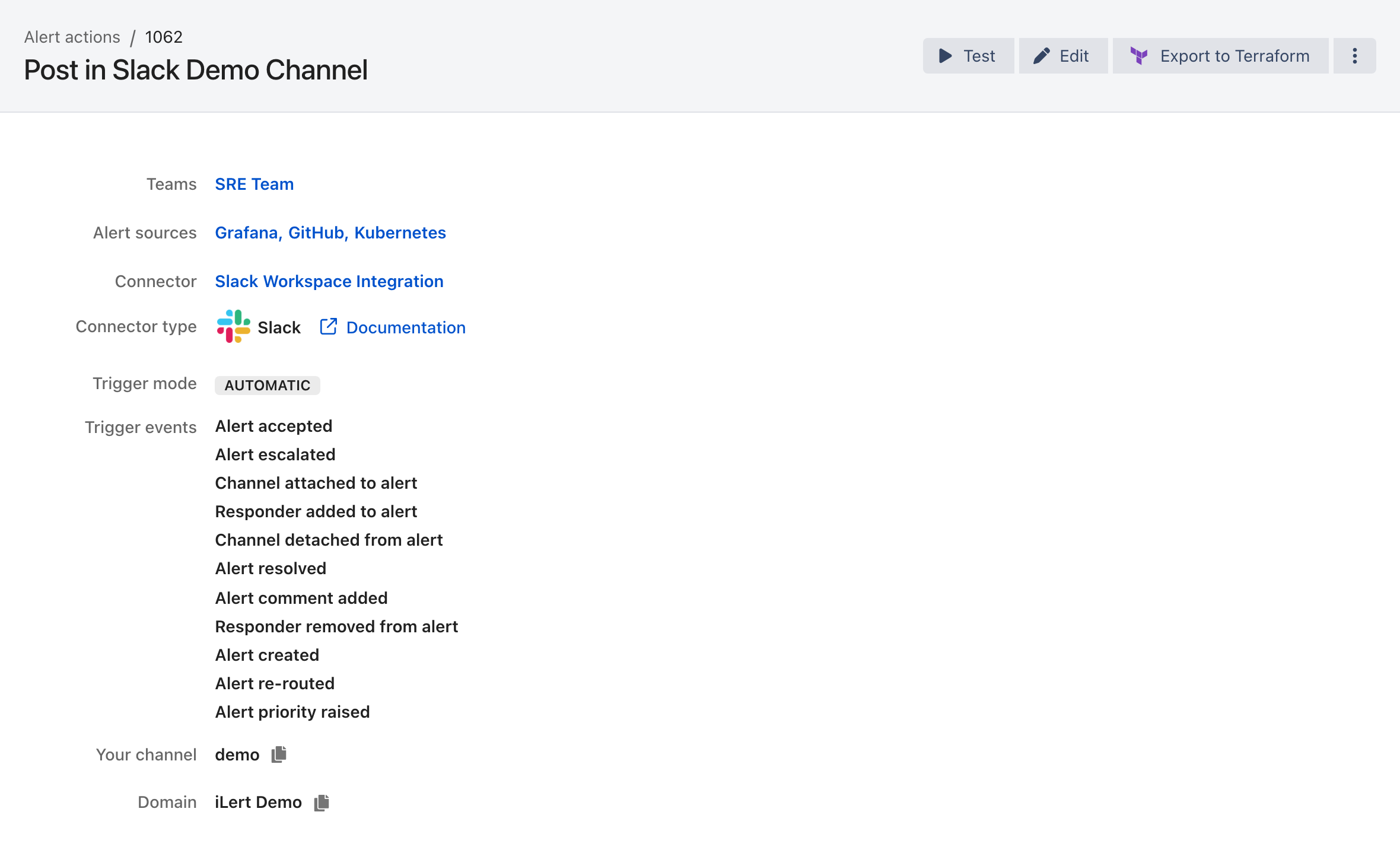 An alert action detail page titled Post in Slack Demo Channel, listing teams, alert sources, connector, connector type, trigger mode Automatic, the trigger events, and the channel, with Test and Edit buttons at the top right.