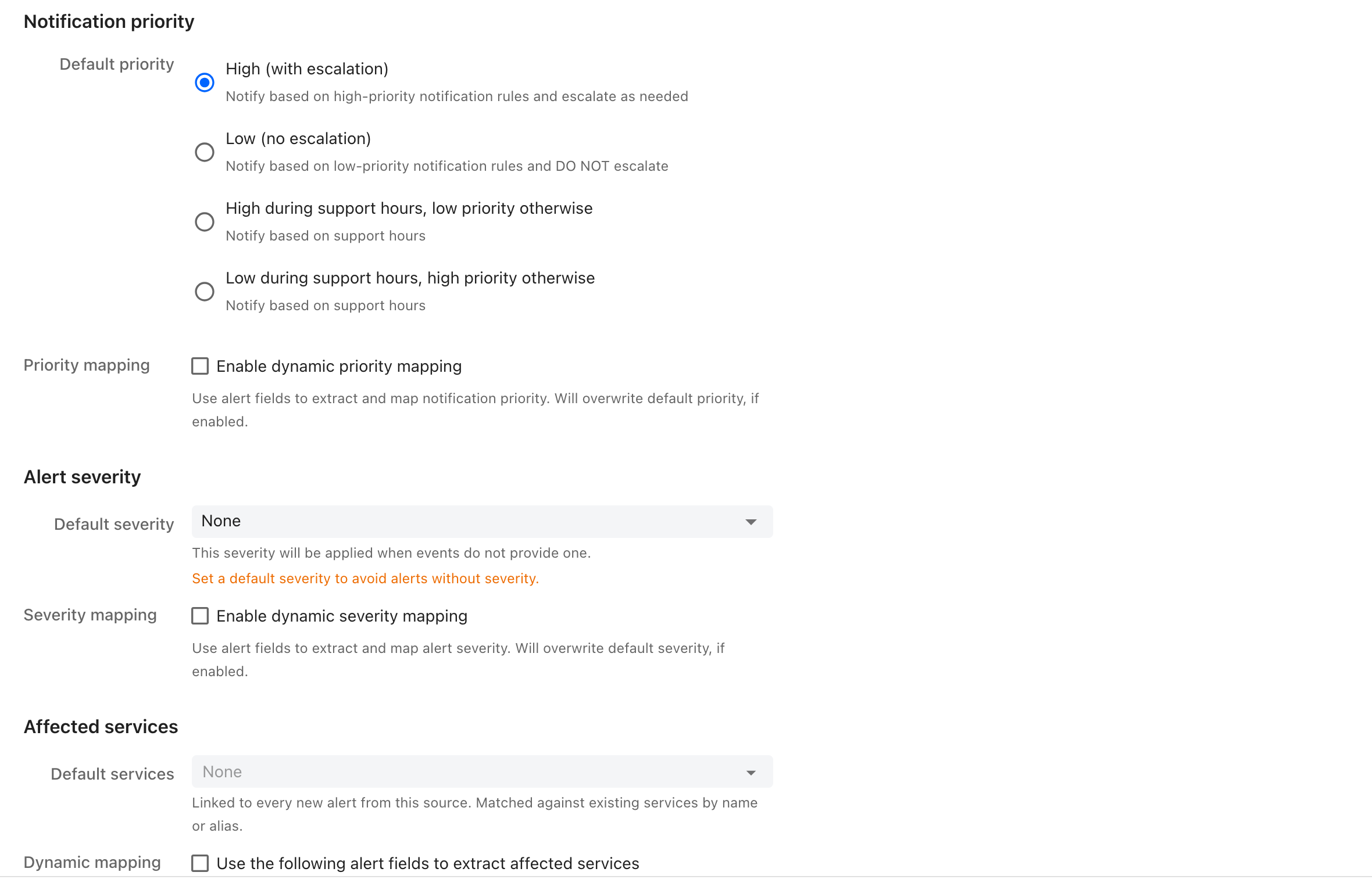 Three sections of the ilert alert source editor: Notification priority with four radio options and a dynamic priority mapping checkbox, Alert severity with a default severity dropdown and a severity mapping checkbox, and Affected services with a default services picker and a dynamic mapping checkbox.