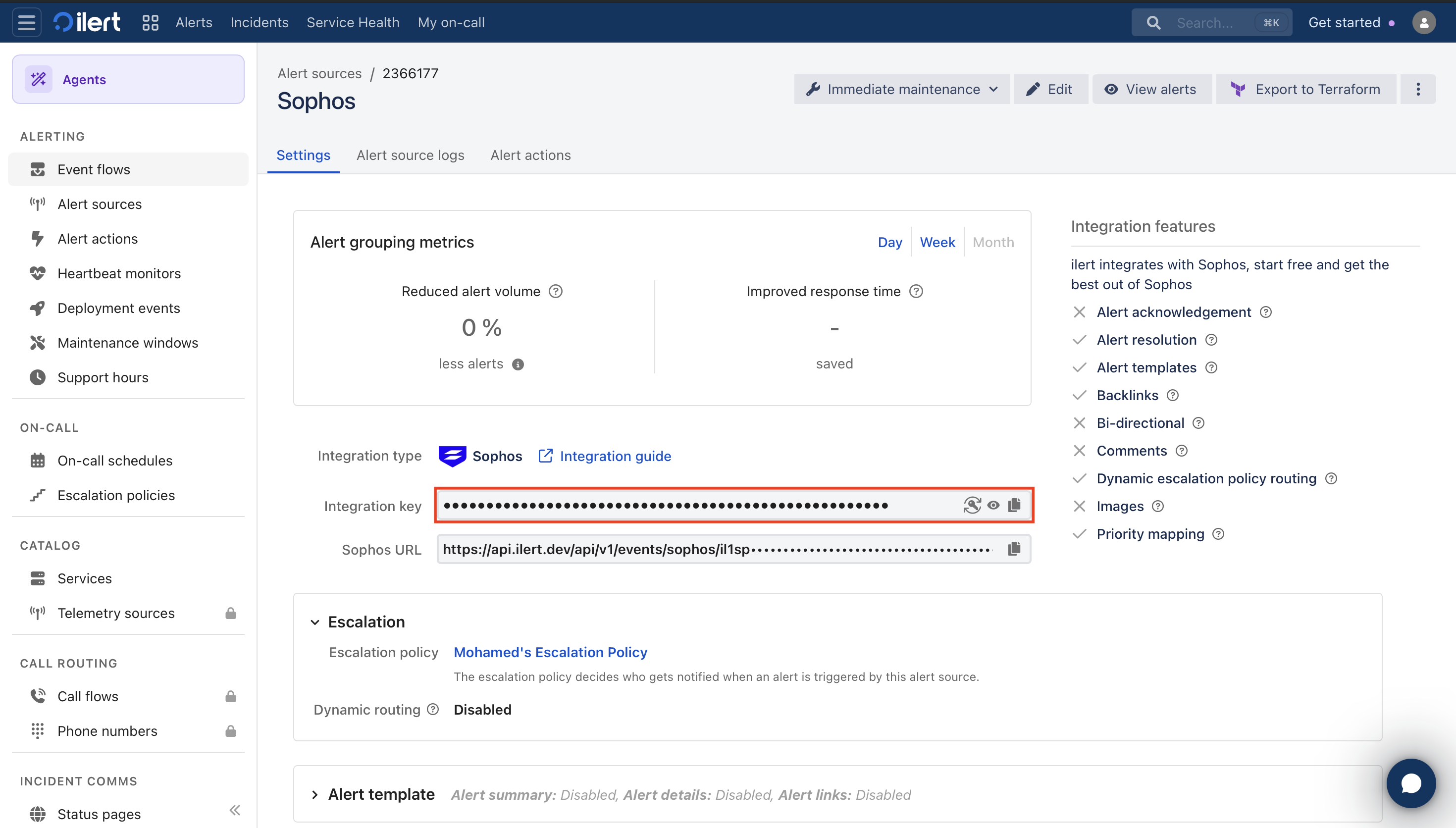 The Settings tab of a Sophos alert source in ilert, showing the integration type Sophos, the masked integration key with a copy button, and the masked Sophos URL