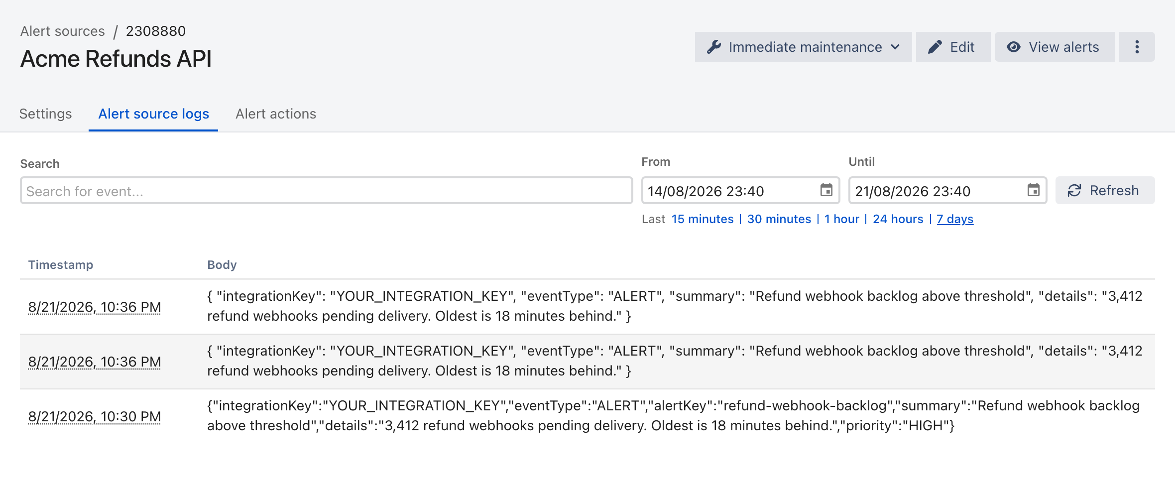 The Alert source logs tab of an alert source, listing received events by timestamp alongside the raw JSON body of each, with a search box and a From and Until date range above.