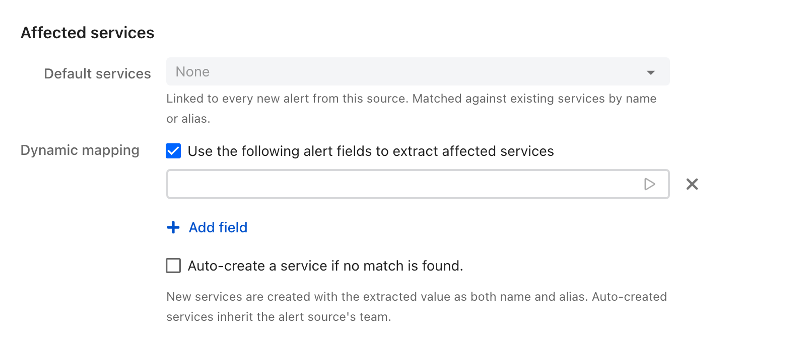 The Affected services section of an ilert alert source, with a Default services picker, a Dynamic mapping checkbox reading Use the following alert fields to extract affected services, an Add field control, and an Auto-create a service if no match is found checkbox.