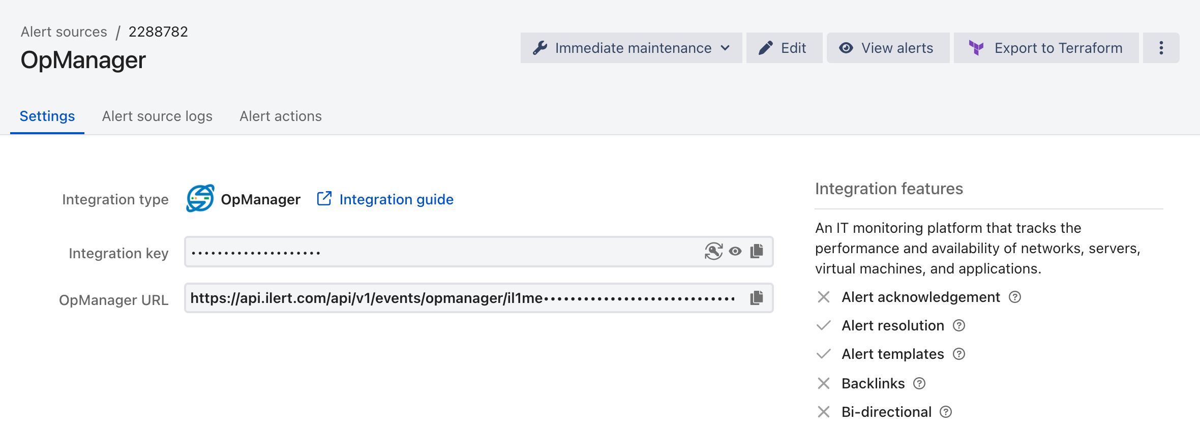The Settings tab of a OpManager alert source in ilert, showing the integration type, the masked integration key, and the OpManager URL.