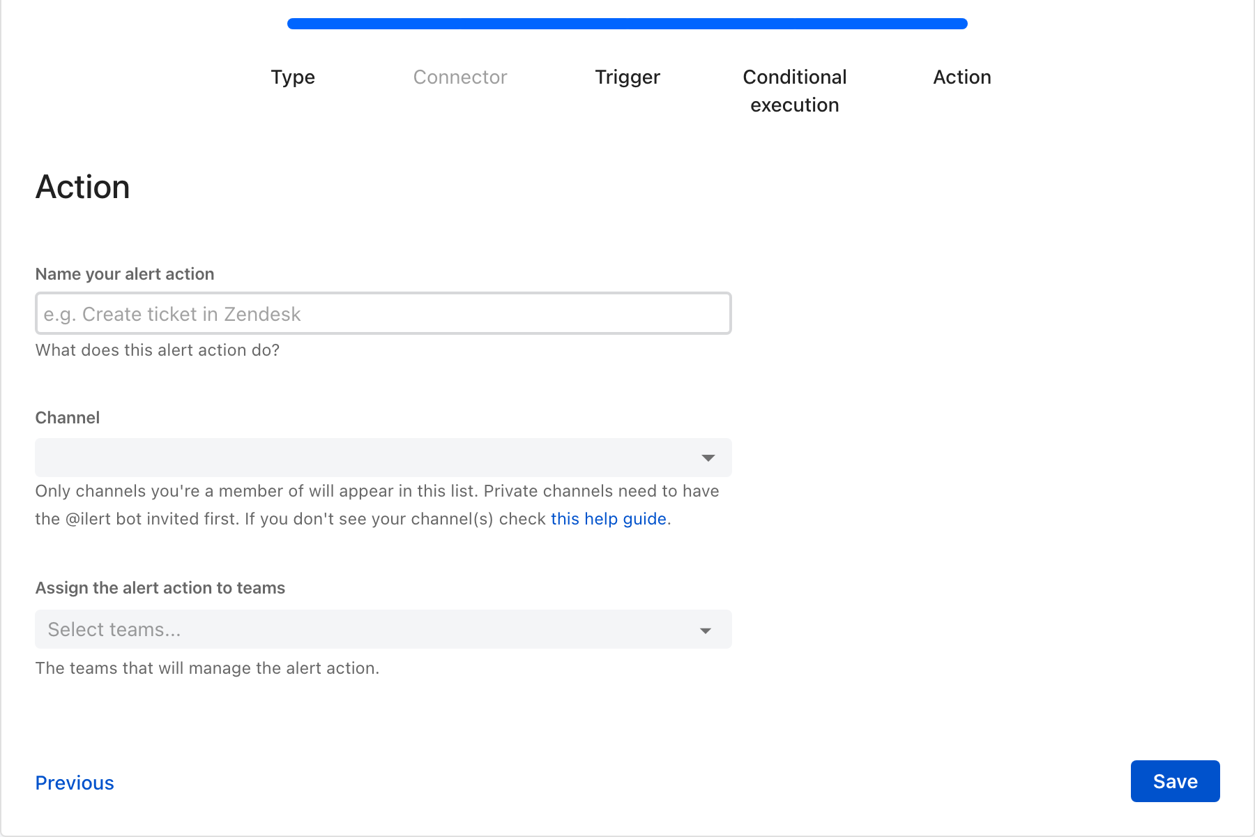The Action step, with the fields Name your alert action, Channel, and Assign the alert action to teams, and a note under Channel about channels you are a member of.
