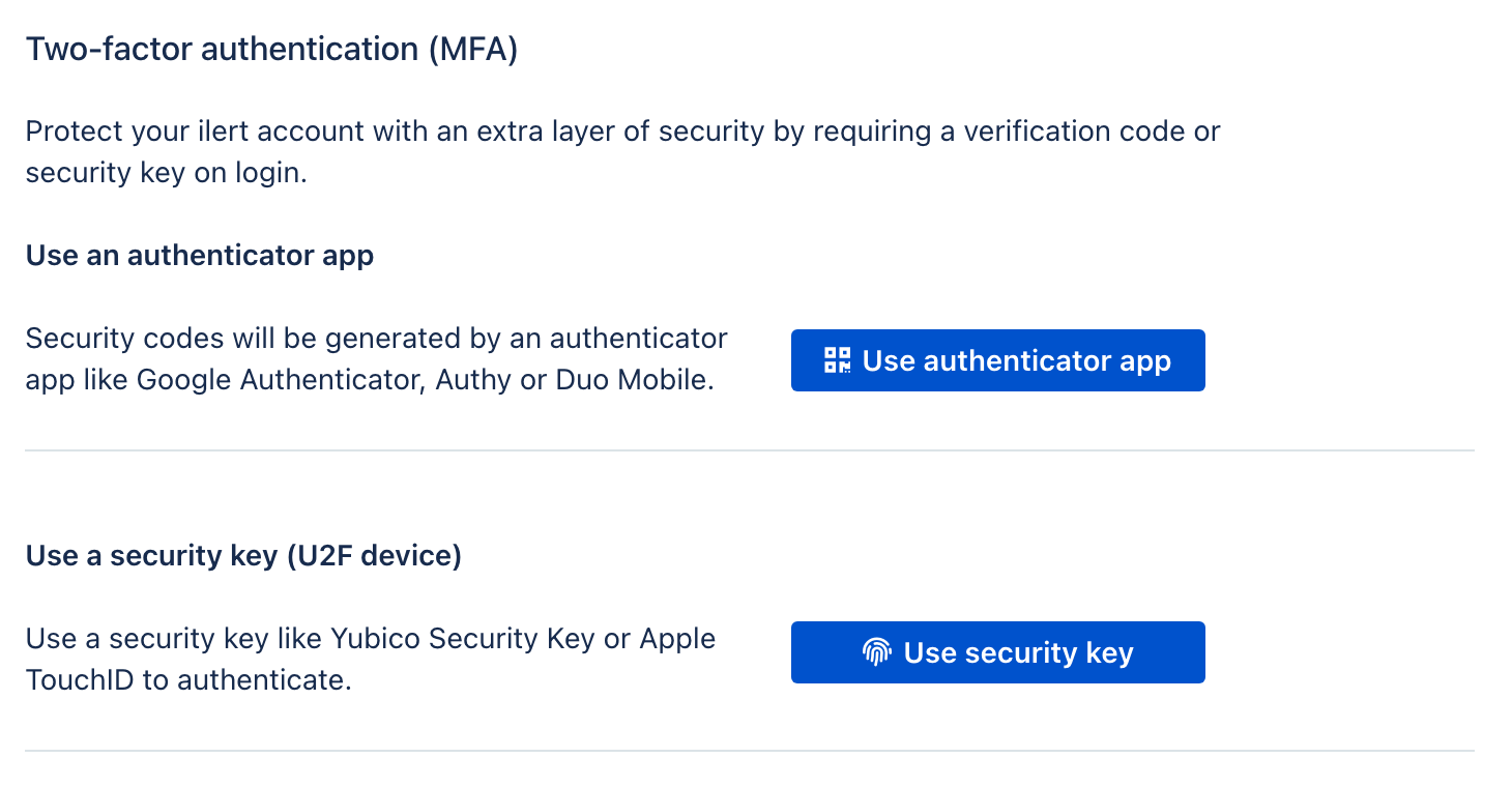 The Two-factor authentication (MFA) section of My profile Security, offering Use an authenticator app with a Use authenticator app button, and Use a security key (U2F device) with a Use security key button.