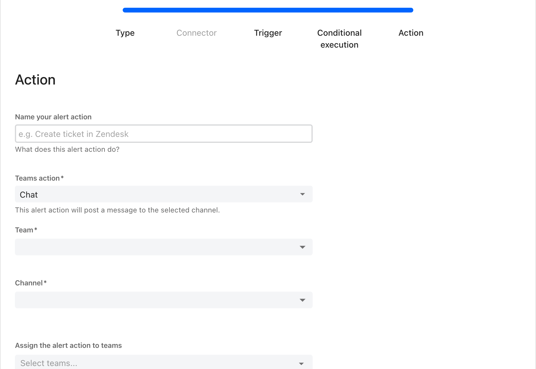 The Action step of the alert action wizard for Microsoft Teams, with the fields Name your alert action, Teams action set to Chat, Team, Channel, and Assign the alert action to teams.