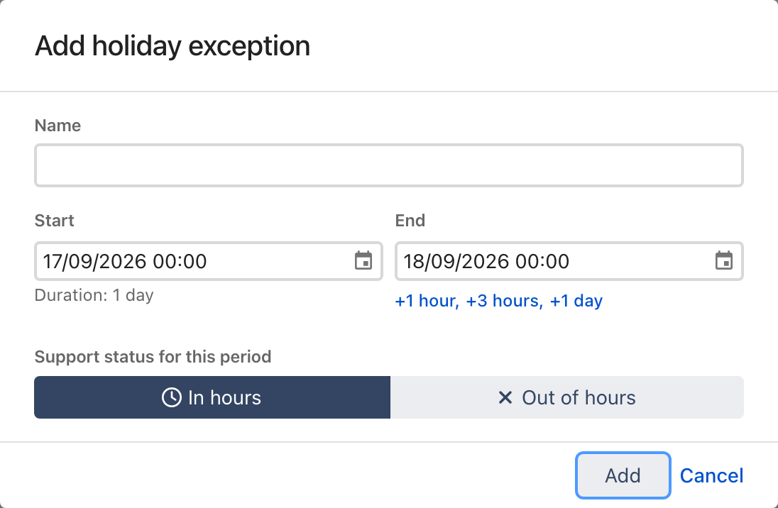 The Add holiday exception dialog in ilert, with Name, Start and End fields and a Support status for this period toggle offering In hours and Out of hours.