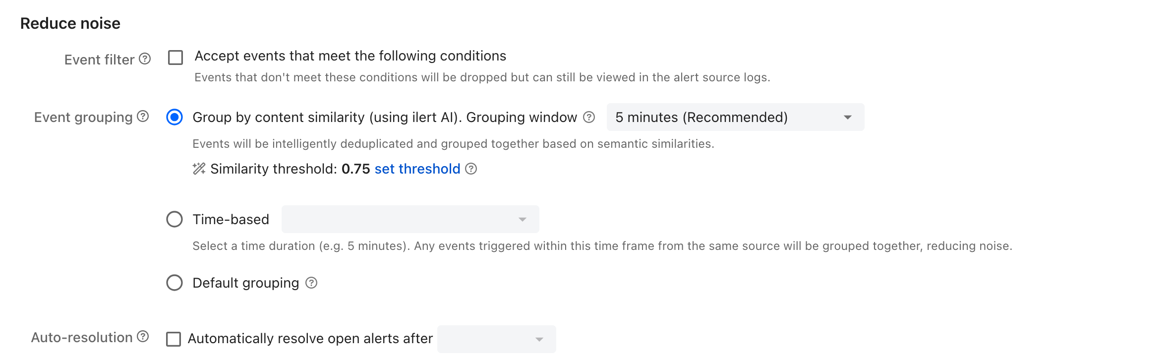 The Reduce noise section of an ilert alert source's settings. Under Event grouping, Group by content similarity (using ilert AI) is selected with a grouping window of 5 minutes (Recommended), followed by Similarity threshold: 0.75 and a set threshold link. The Time-based and Default grouping options are not selected.