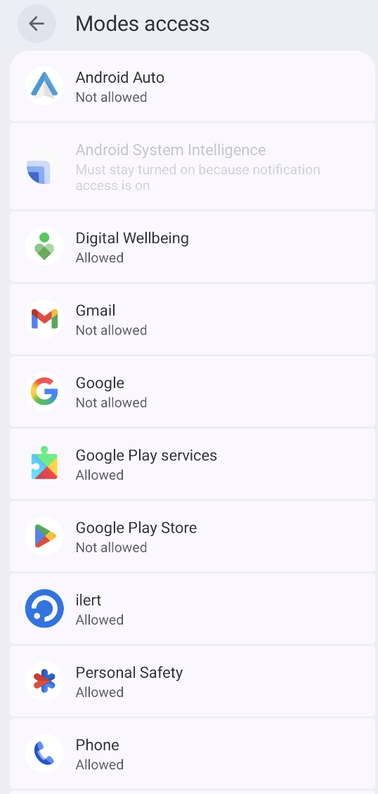 Android Modes access settings, listing every app and whether it is allowed