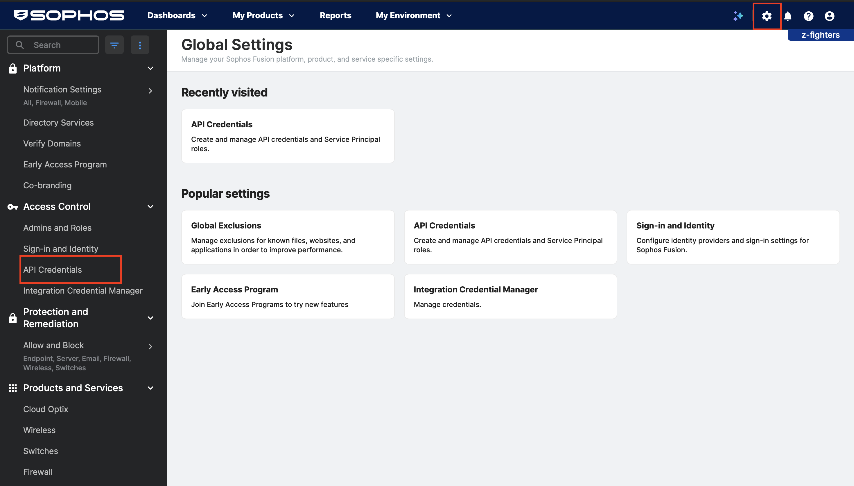 Sophos Central Global Settings with the gear icon in the top bar and API Credentials under Access Control in the sidebar highlighted