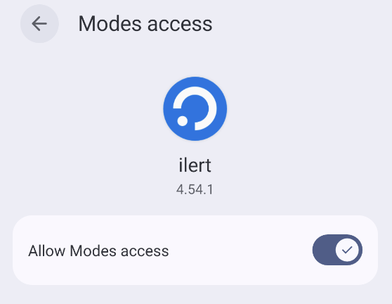 Android Modes access detail screen for ilert with Allow Modes access turned on
